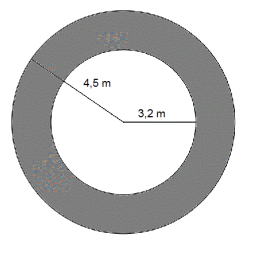 To sirkler med felles sentrum. Den største har radius 4,5 m, mens den minste har radius 3,2 m. Det skraverte området er det som er i den store men ikke i den lille.